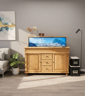 "Loui" : Meuble TV avec système de levage pour téléviseurs de 55 à 65 pouces, style maison de campagne