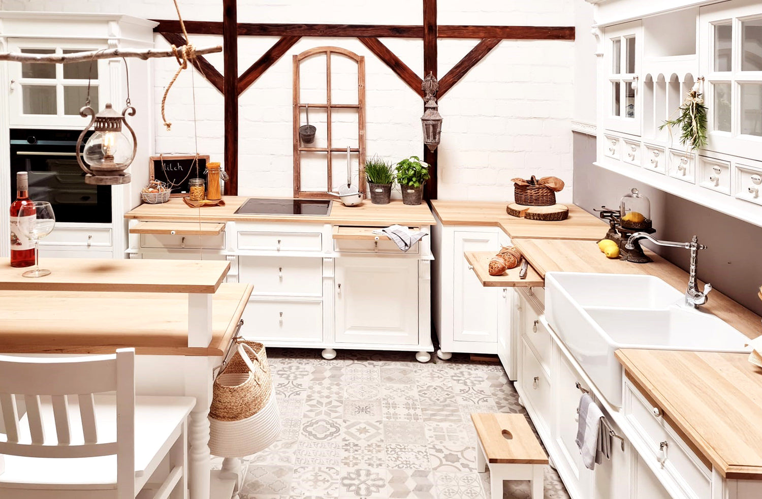 Country-style kitchen, white, solid wood with oak worktop
