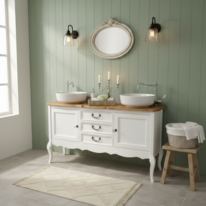 Meuble vasque double de style campagnard « Adeline » avec plateau en chêne, style Chippendale, 150 cm