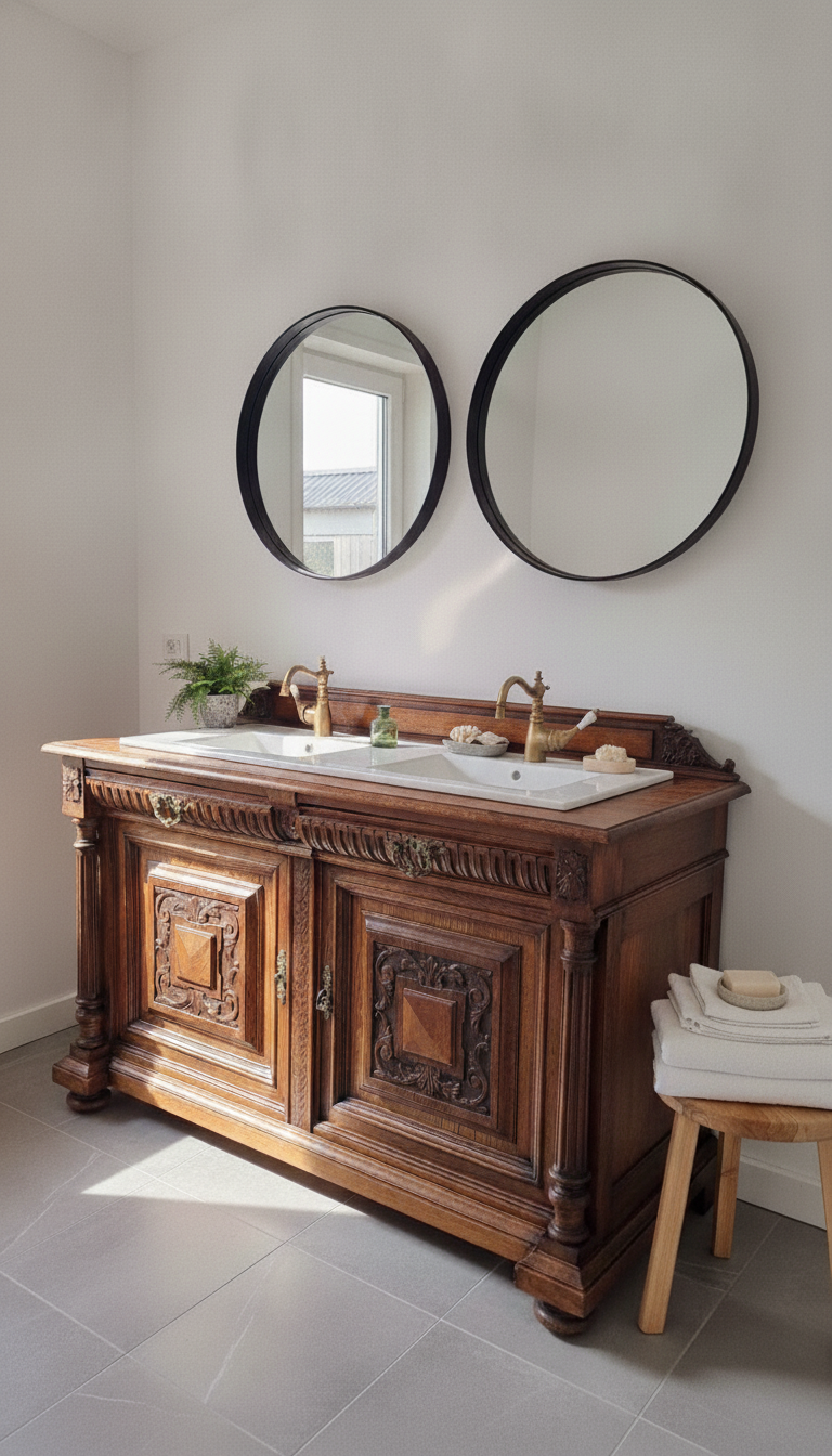 "Lielle" Antique Double Vanity Unit Oak Wood