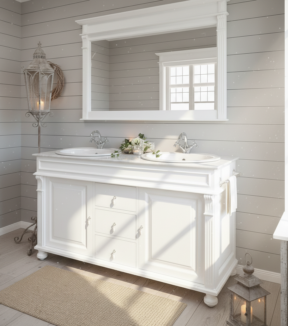 "Aurélie" weißer Landhaus Doppelwaschtisch mit Marmorplatte 150 cm
