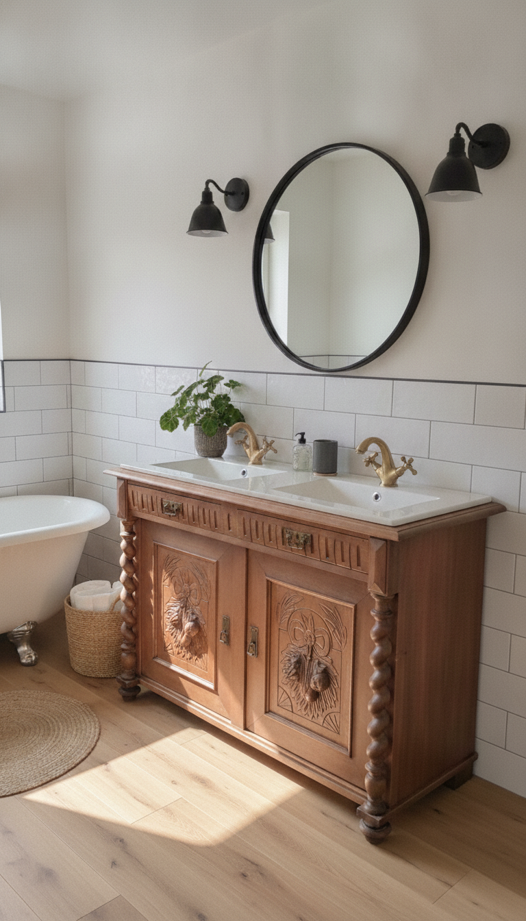 "Lielle" Antique Double Vanity Unit Oak Wood