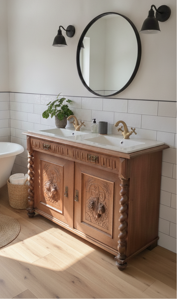 "Lielle" Antique Double Vanity Unit Oak Wood