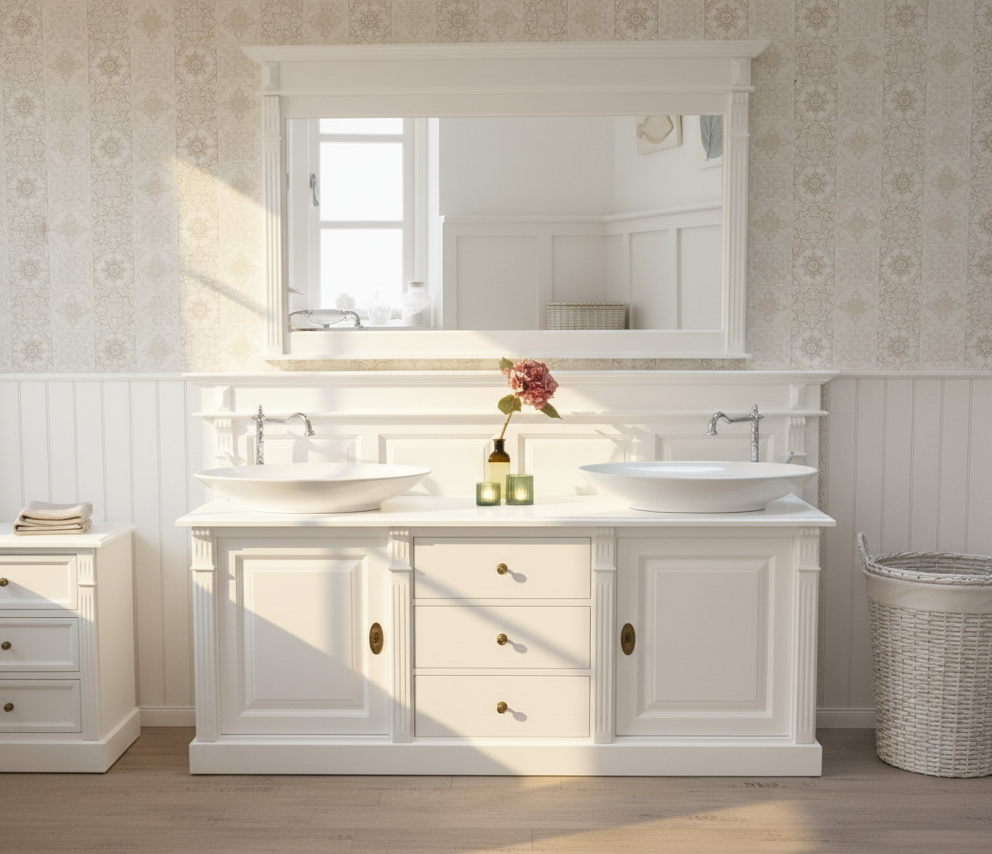 Weißes Badmöbel-Set im Landhausstil mit Doppelwaschtisch