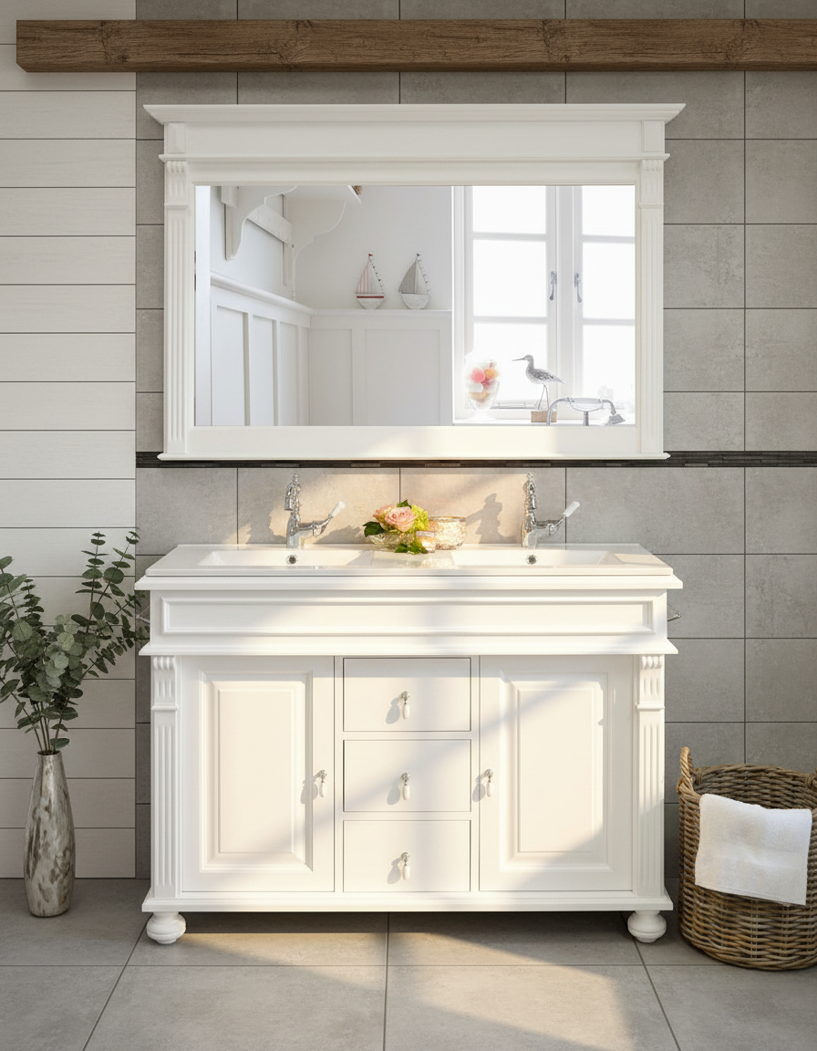 "Mirabeaux" - Waschbeckenunterschrank mit Keramikbecken - Eleganter Landhaus Doppelwaschtisch 125 cm