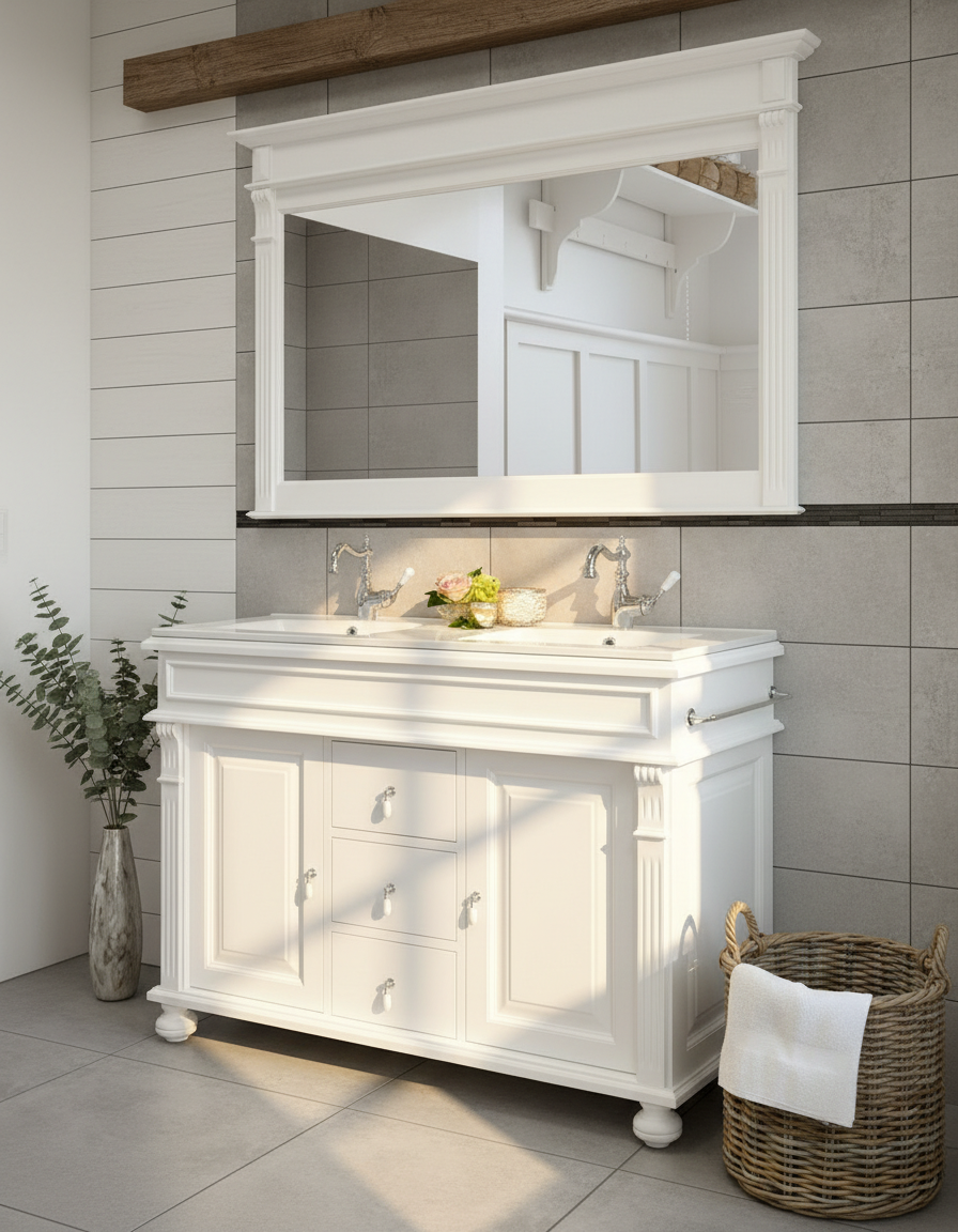 "Mirabeaux" - Waschbeckenunterschrank mit Keramikbecken - Eleganter Landhaus Doppelwaschtisch 125 cm