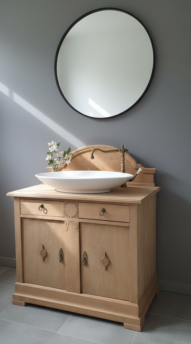 Meuble-lavabo double antique « Lielle » en chêne