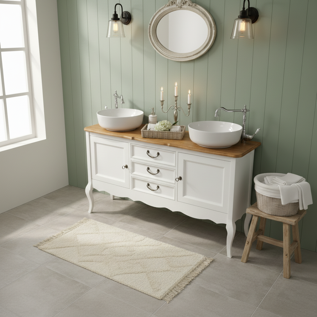 Meuble vasque double de style campagnard « Adeline » avec plateau en chêne, style Chippendale, 150 cm