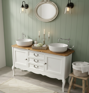 Meuble vasque double de style campagnard « Adeline » avec plateau en chêne, style Chippendale, 150 cm