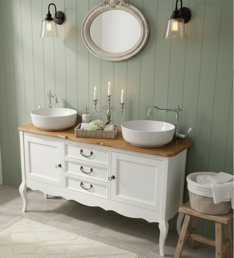 Meuble vasque double de style campagnard « Adeline » avec plateau en chêne, style Chippendale, 150 cm