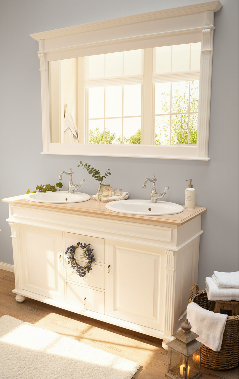 "Almerá" Doppelwaschtisch im Landhausstil mit heller Eichenplatte 150 cm