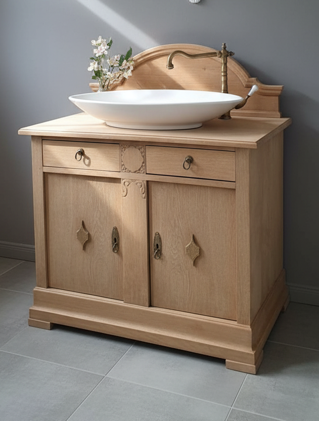 Meuble-lavabo double antique « Lielle » en chêne