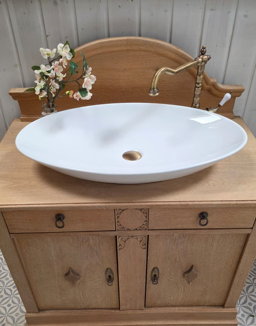 Meuble-lavabo double antique « Lielle » en chêne