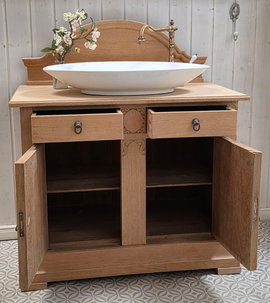 Meuble-lavabo double antique « Lielle » en chêne