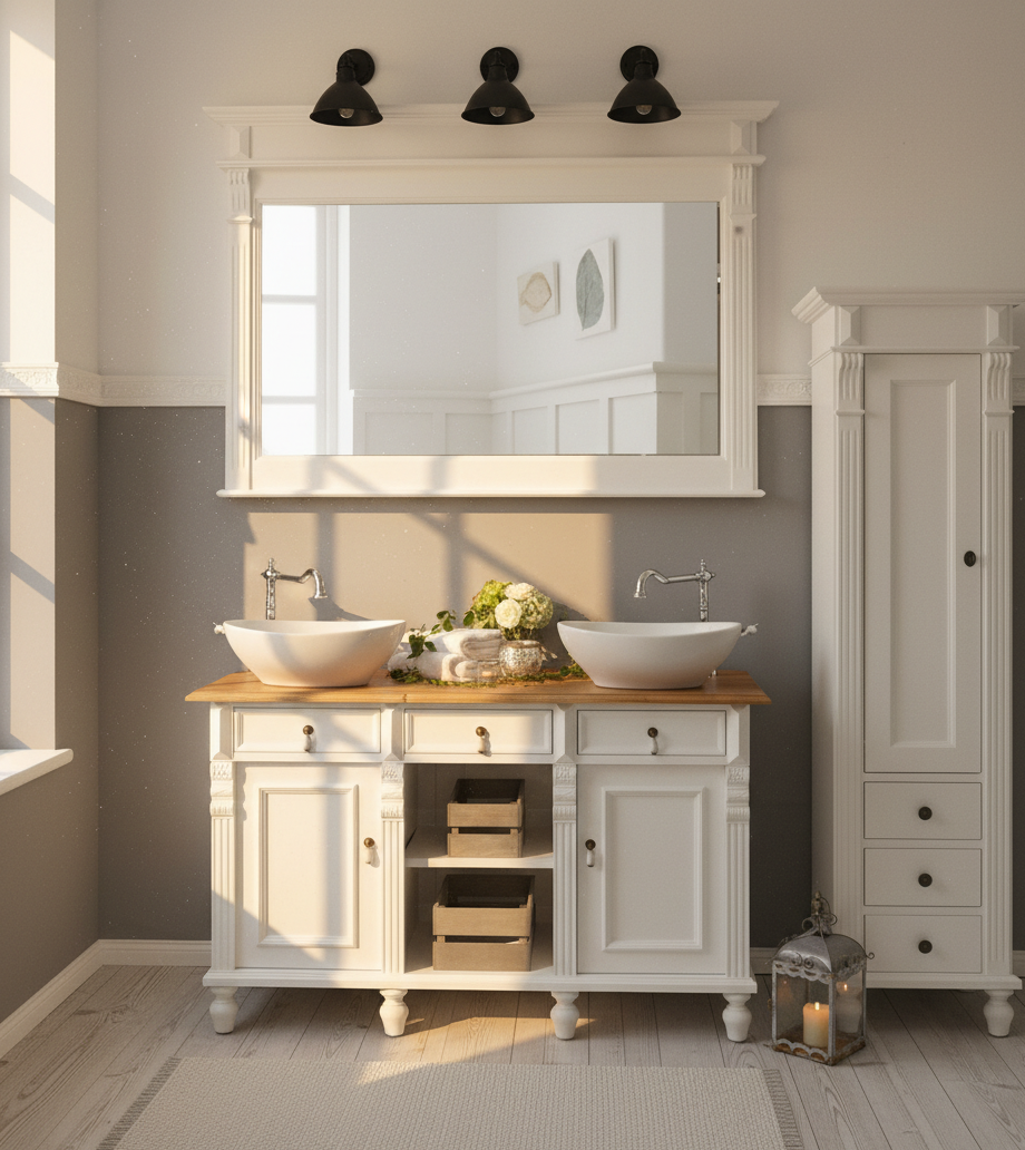 "Hove" country-style double vanity unit with solid oak top, 125 cm
