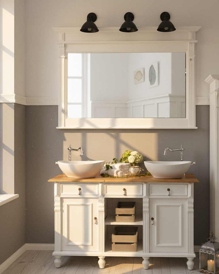 "Hove" country-style double vanity unit with solid oak top, 125 cm