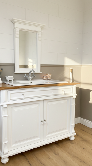 Lavabo blanc de style campagnard « Flers » avec plateau en chêne, 120 cm