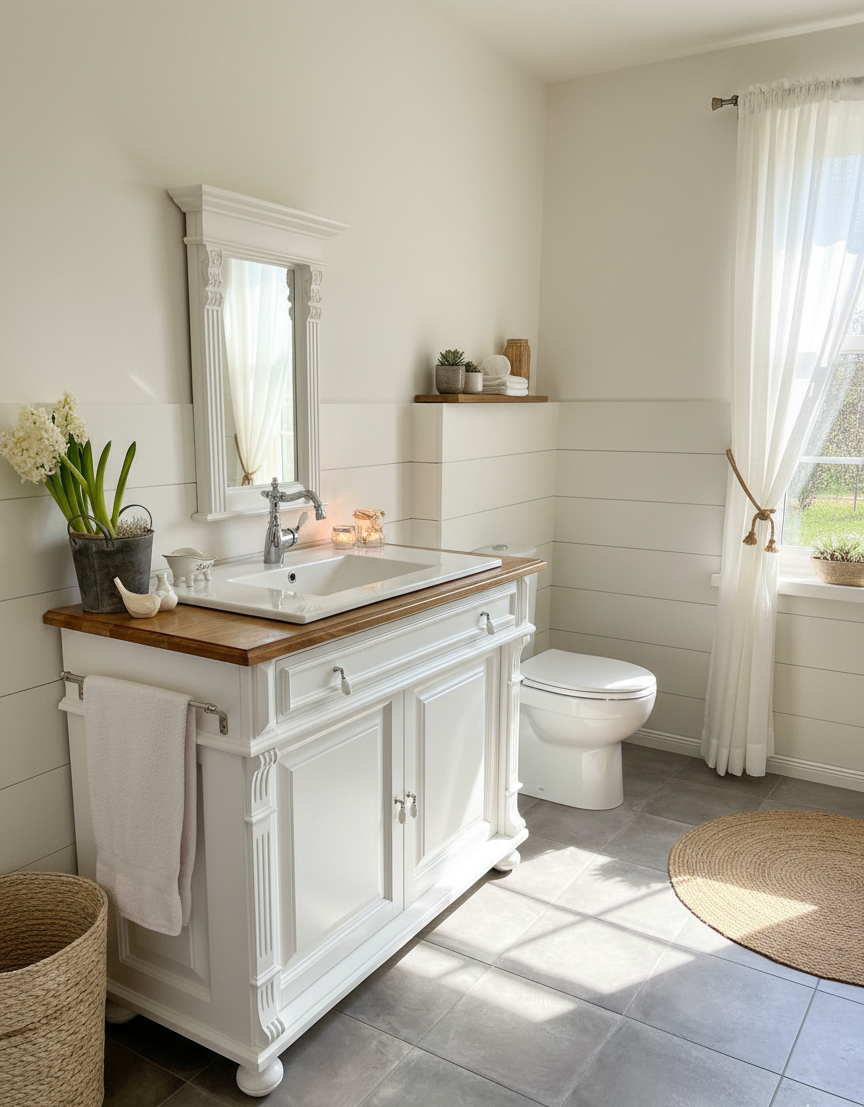 Lavabo blanc de style campagnard « Flers » avec plateau en chêne, 120 cm