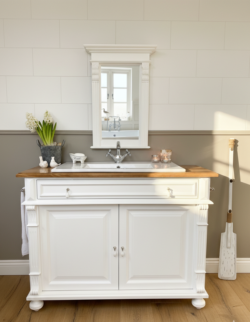 Lavabo blanc de style campagnard « Flers » avec plateau en chêne, 120 cm