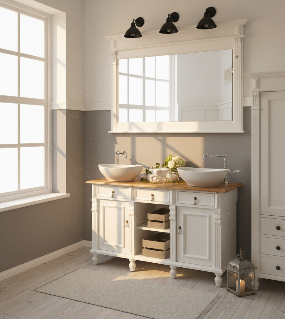 "Hove" country-style double vanity unit with solid oak top, 125 cm