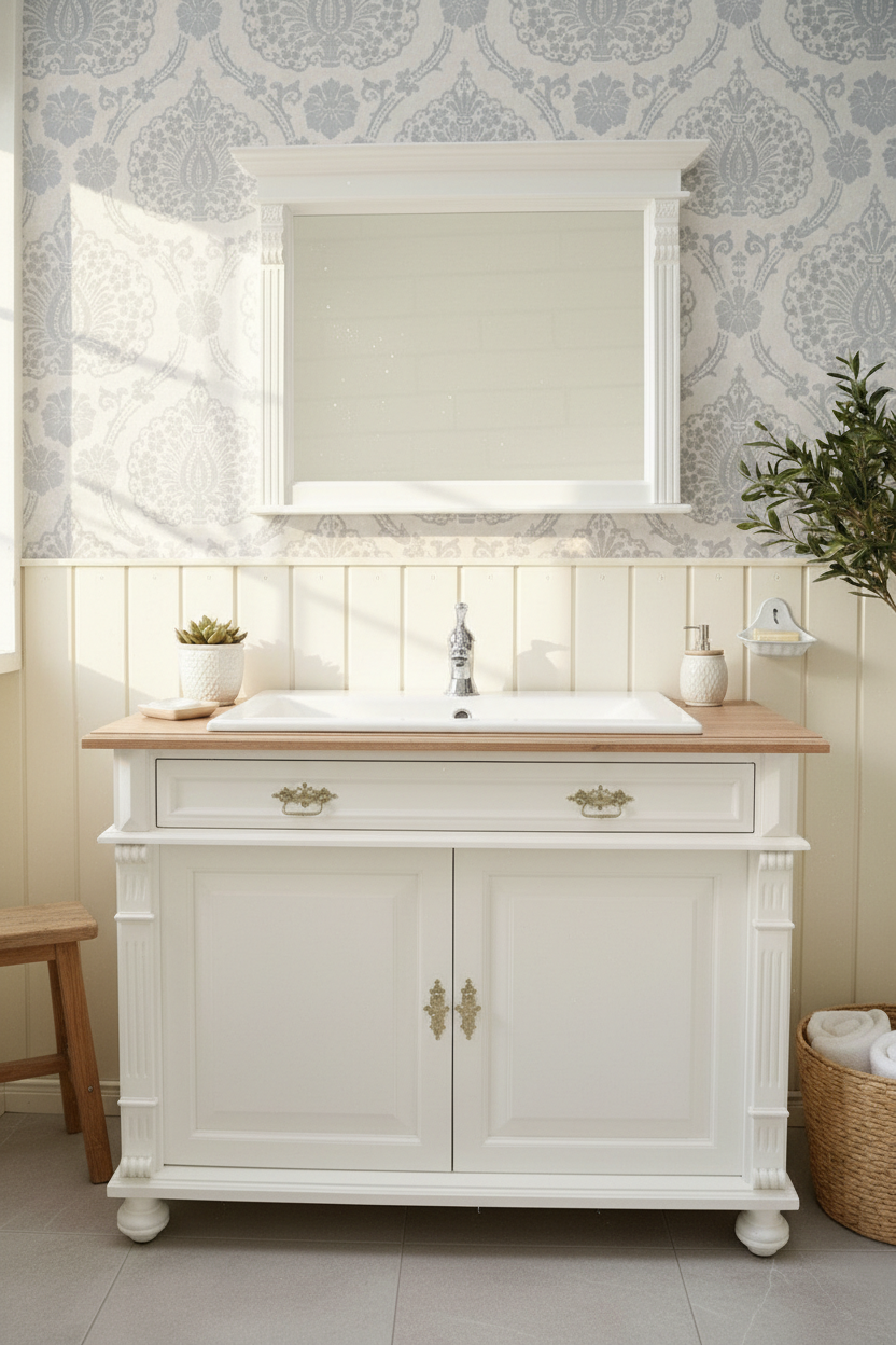 "Karvia" large country-style washstand with light oak top 120 cm
