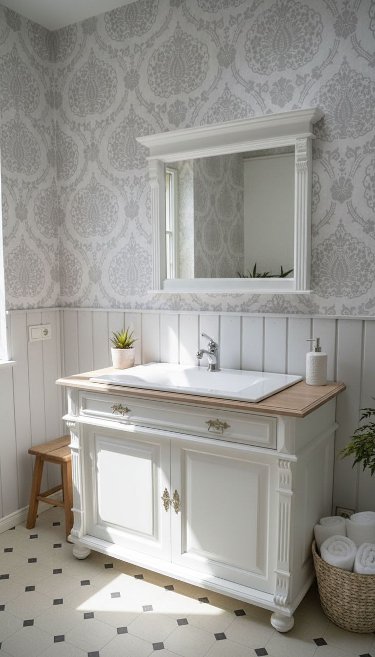 "Karvia" large country-style washstand with light oak top 120 cm