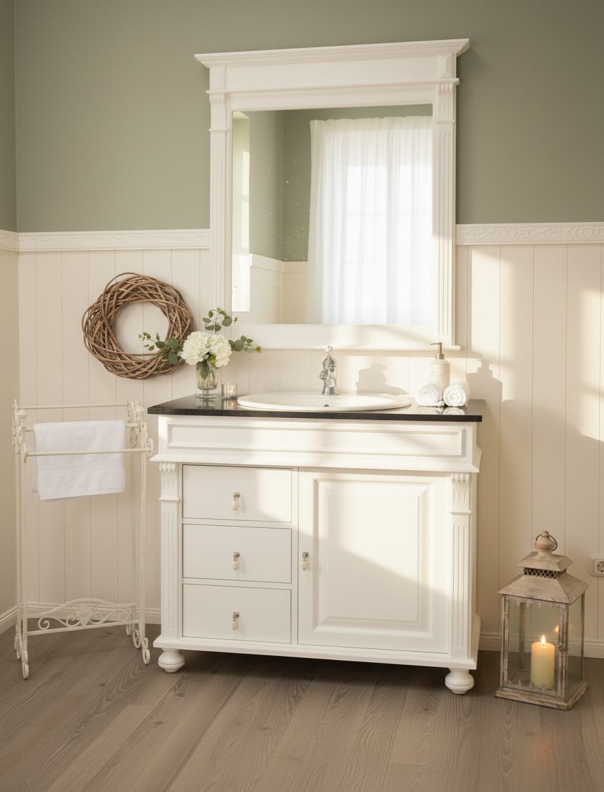 "Majorelle" -weißer Landhaus Waschtisch mit dunkler Granitsteinplatte 103 cm