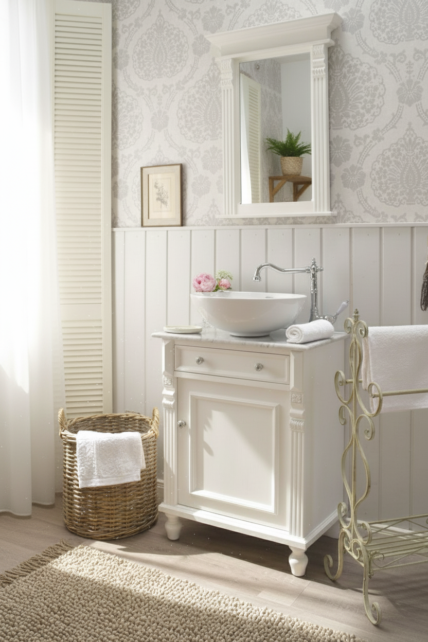 "Mariola" - aus Massivholz neu getischlerter Landhaus-Waschtisch mit heller Marmorplatte 60 cm- Bianco Carrara