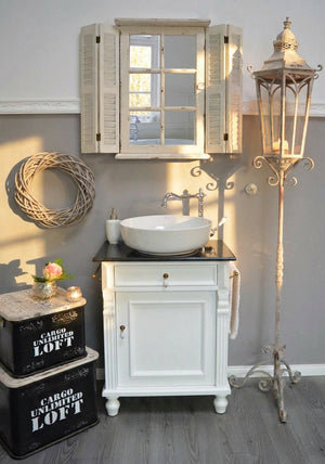 Lavabo blanc de style campagnard « Miquelon » avec plan de travail en granit noir, 60 cm