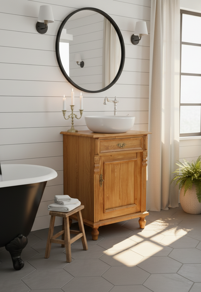 "Mirandé" heller Landhaus-Waschtisch aus Massivholz mit Handtuchstange 60 cm