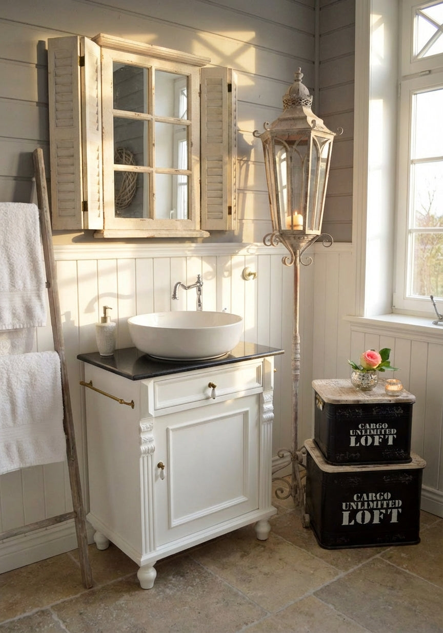 Lavabo blanc de style campagnard « Miquelon » avec plan de travail en granit noir, 60 cm