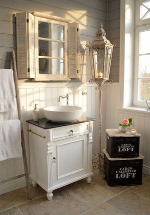 Lavabo blanc de style campagnard « Miquelon » avec plan de travail en granit noir, 60 cm