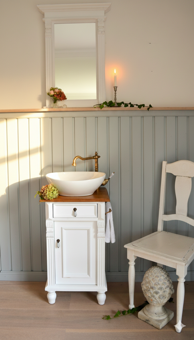 Petit lavabo de style campagnard « Montcalm » avec plateau en chêne, 45 cm