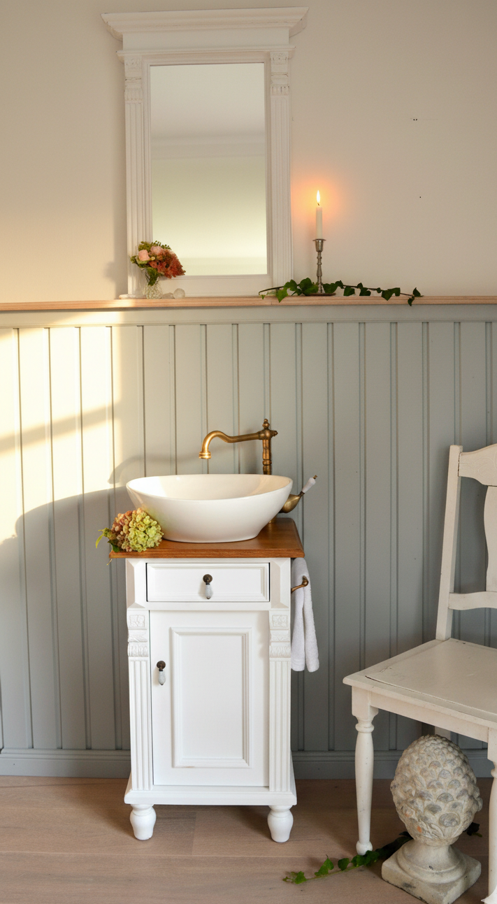 Petit lavabo de style campagnard « Montcalm » avec plateau en chêne, 45 cm