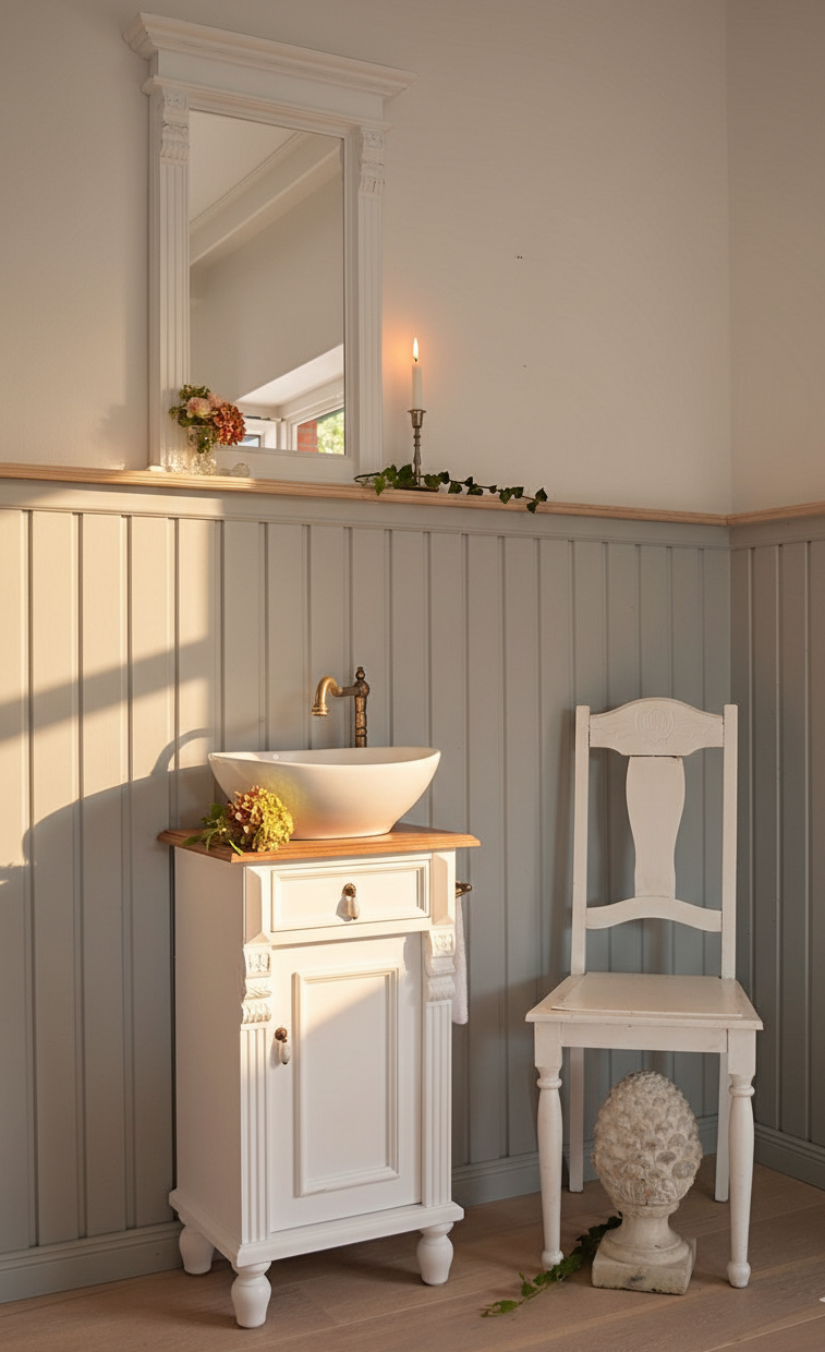 Petit lavabo de style campagnard « Montcalm » avec plateau en chêne, 45 cm