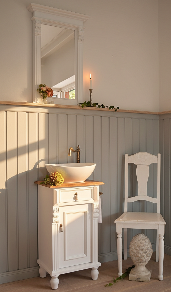 Petit lavabo de style campagnard « Montcalm » avec plateau en chêne, 45 cm