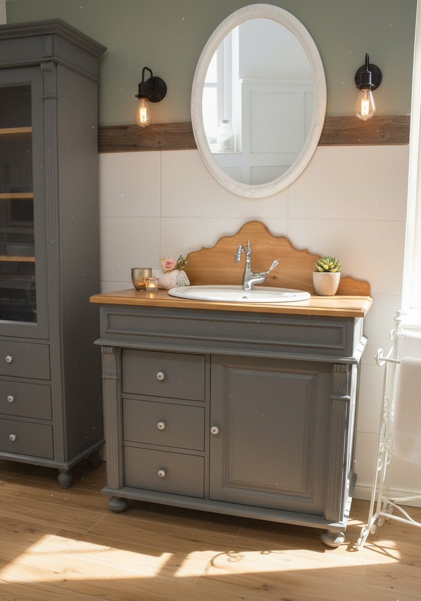 "Nias" blau-grauer Landhaus-Waschtisch mit Eichenplatte und Aufsatz 103 cm