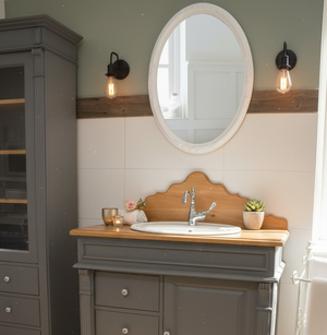 "Nias" blau-grauer Landhaus-Waschtisch mit Eichenplatte und Aufsatz 103 cm