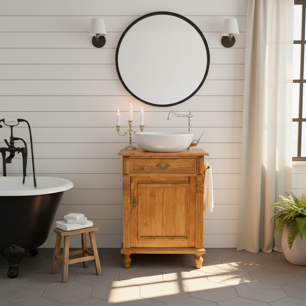 "Mirandé" heller Landhaus-Waschtisch aus Massivholz mit Handtuchstange 60 cm