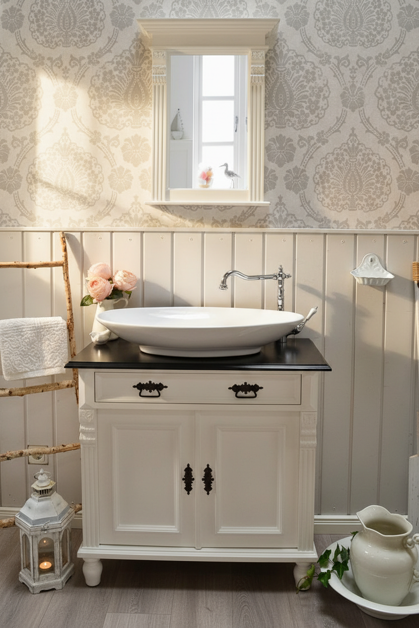 "Océane" Landhaus-Waschtisch schwarz-lackierte Tischplatte 80 cm