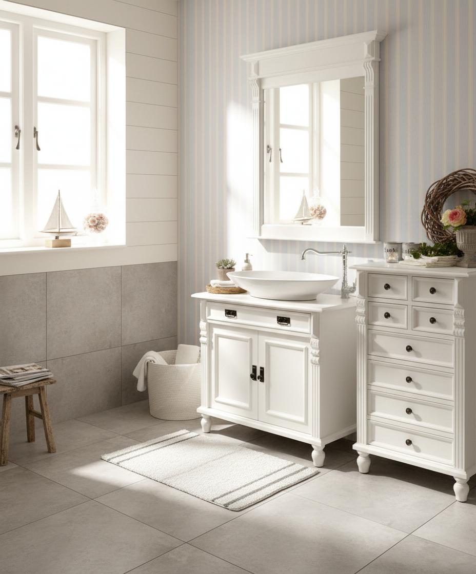 Meuble vasque blanc de style campagnard « Toulon » avec vasque à poser 80/90 cm