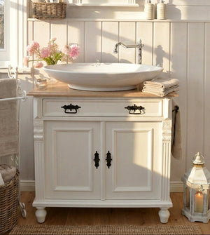 "Camille" weißer Landhaus Waschtisch mit Aufsatzwaschbecken 80/90 cm