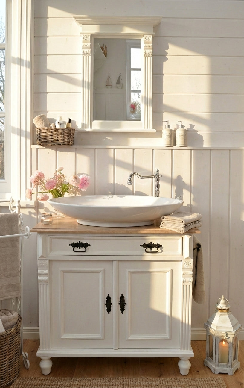 "Camille" weißer Landhaus Waschtisch mit Aufsatzwaschbecken 80/90 cm