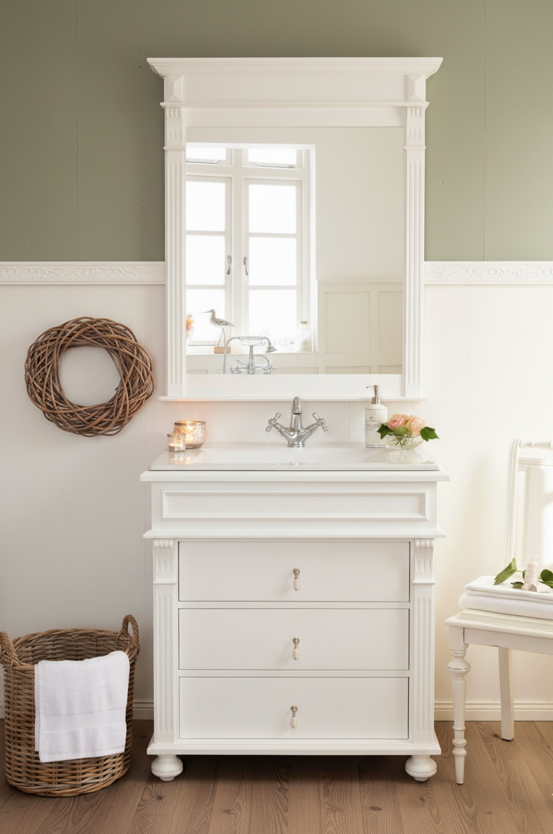 « Élodie » - Meuble vasque, vasque en céramique avec meuble sous-vasque en bois massif, blanc 85 cm