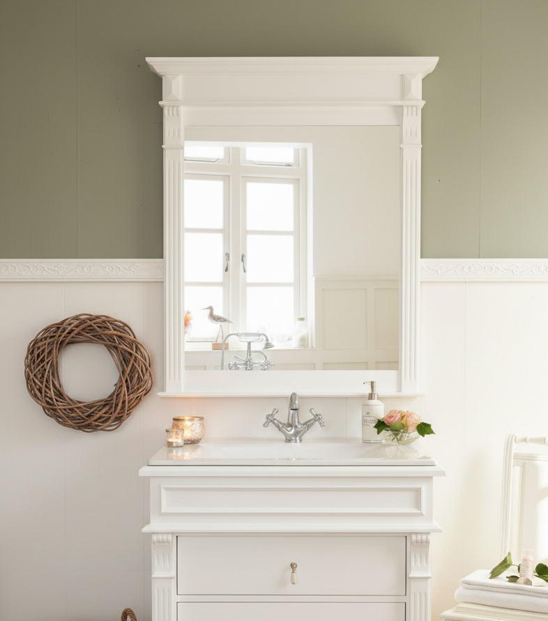 « Élodie » - Meuble vasque, vasque en céramique avec meuble sous-vasque en bois massif, blanc 85 cm