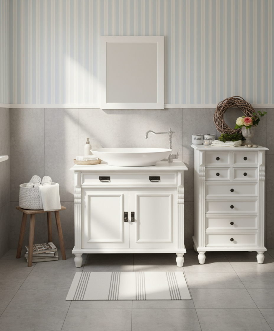 Meuble vasque blanc de style campagnard « Toulon » avec vasque à poser 80/90 cm