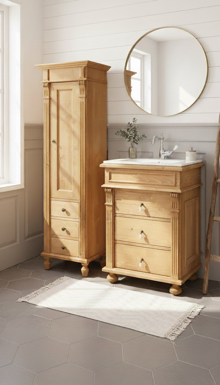 Meuble vasque de style campagnard « Nélois » avec lavabo entièrement recouvert, 65 cm