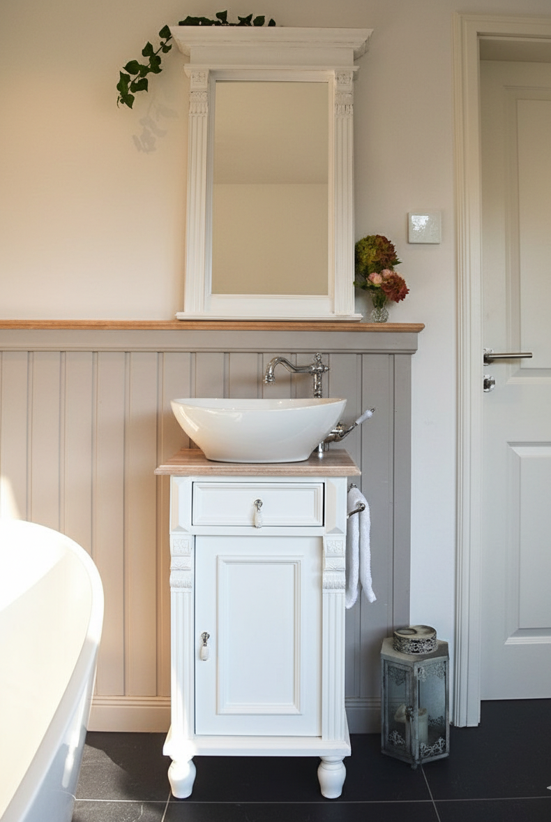 Petit lavabo de style campagnard « Noyon » avec plateau en chêne, 45 cm